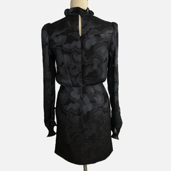 Saloni Floral Print Mini Dress Size US 4 Black Grey Ruffles Long Sleeve Silk - Picture 3 of 12